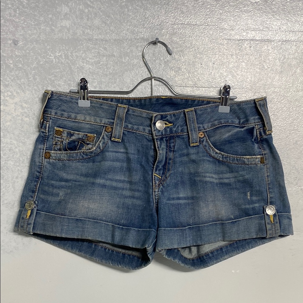 True Religion Distressed Blue Denim Cuffed Shorts